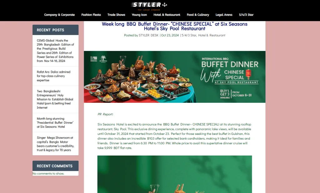 Week long BBQ Buffet Dinner- “CHINESE SPECIAL” at Six Seasons Hotel’s Sky Pool Restaurant